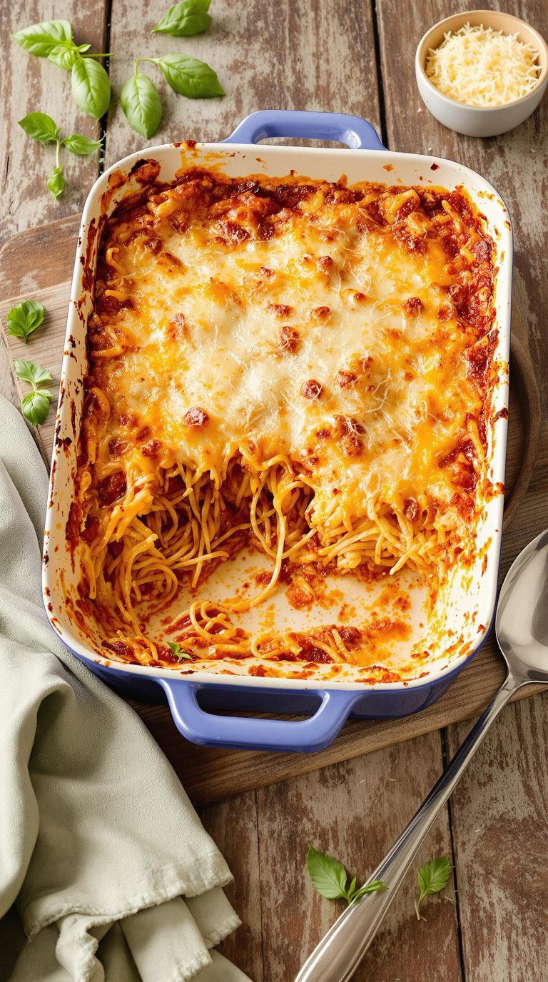cheesy baked spaghetti dish