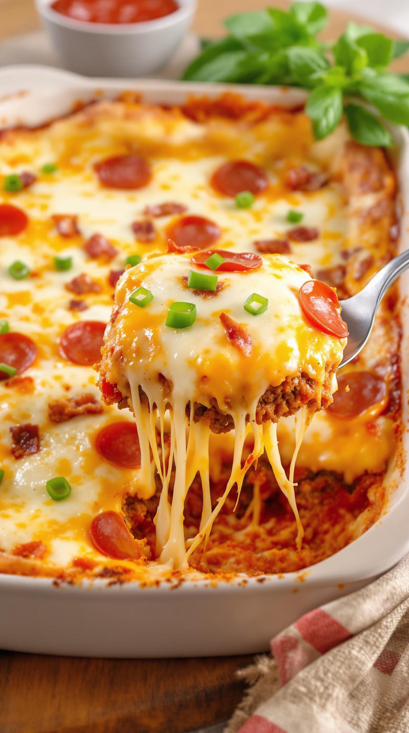 layered beef pizza casserole